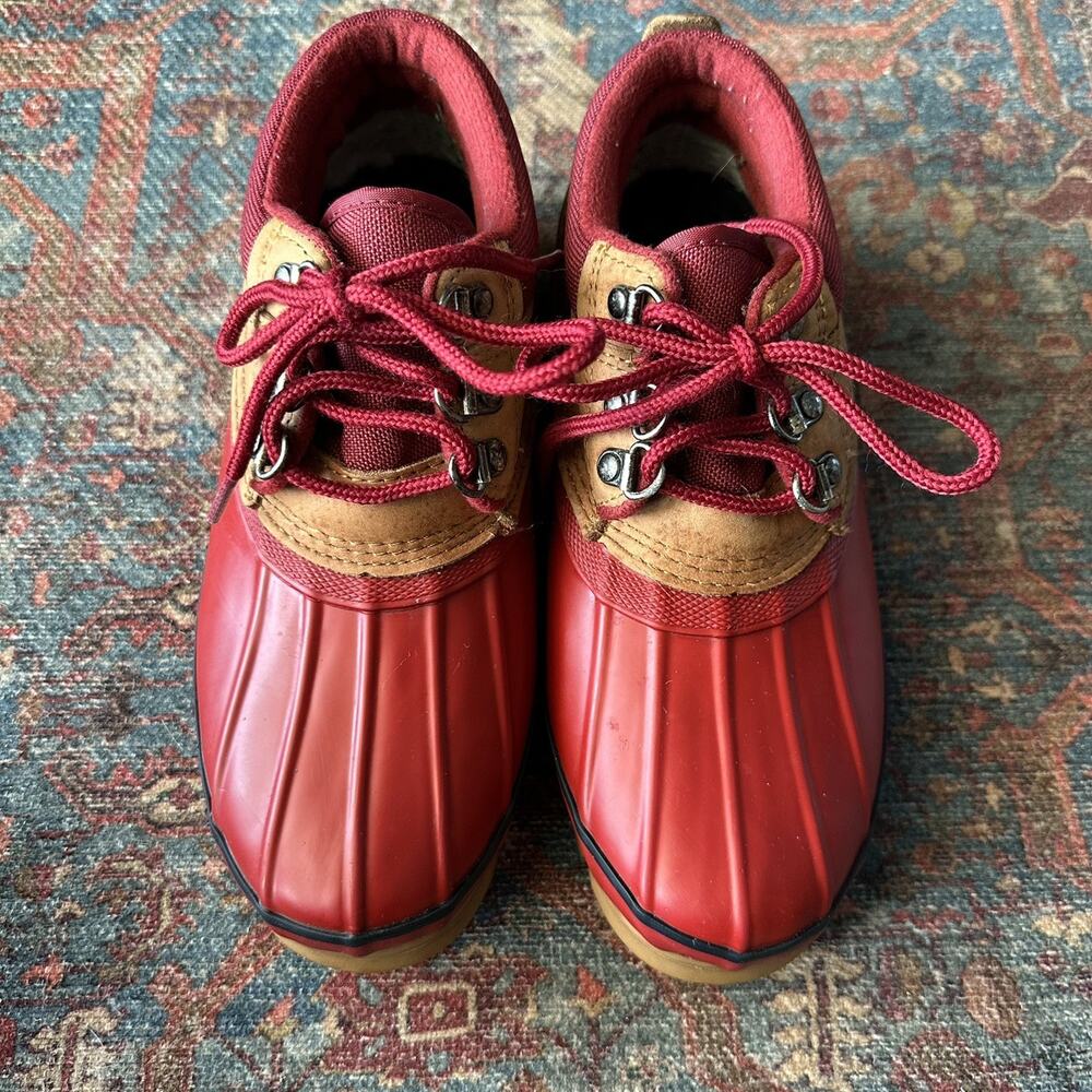 Lands End Rubber Duck Boots Lace Up Red Tan Waterproof Low-top Womens Size 7